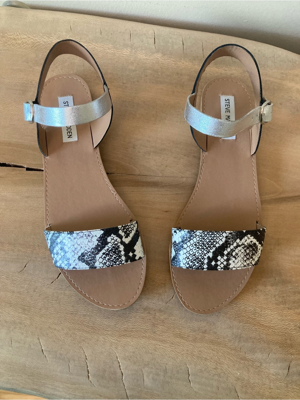 Steve Madden Donddi Flat Sandal with Black & White Snake-Print